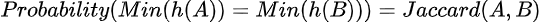 h(A) is the hash values of all elements in A by random hash function h. min(h(A)) is the minimum hash value of all elements in A.
