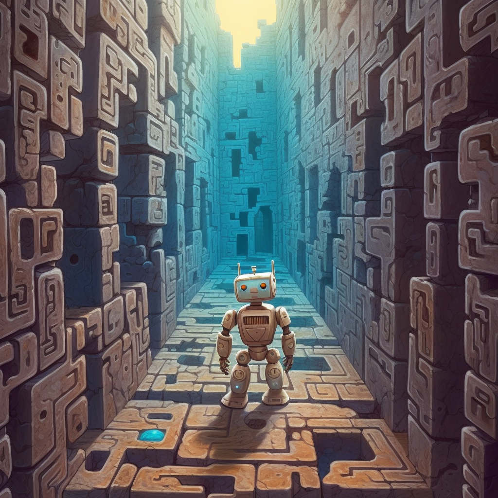 “A anxious looking robot navigating an ancient greek maze with stone walls.”