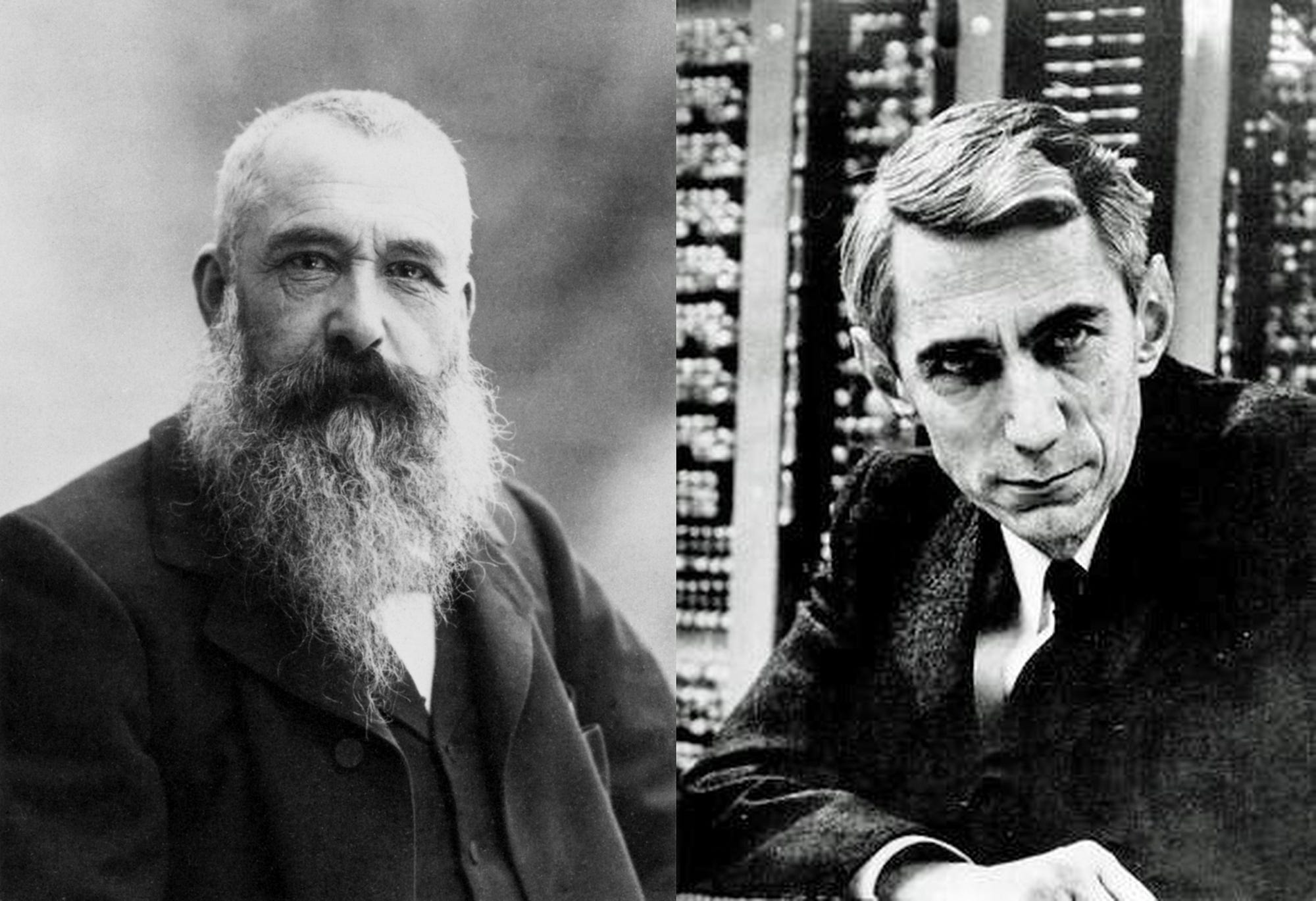 Left: Portrait of Claude Monet by Nadar, 1899 (public domain). Right: Photo of Claude Shannon from Mathematisches Forschungsinstitut Oberwolfach (CC BY-SA 2.0 DE).
