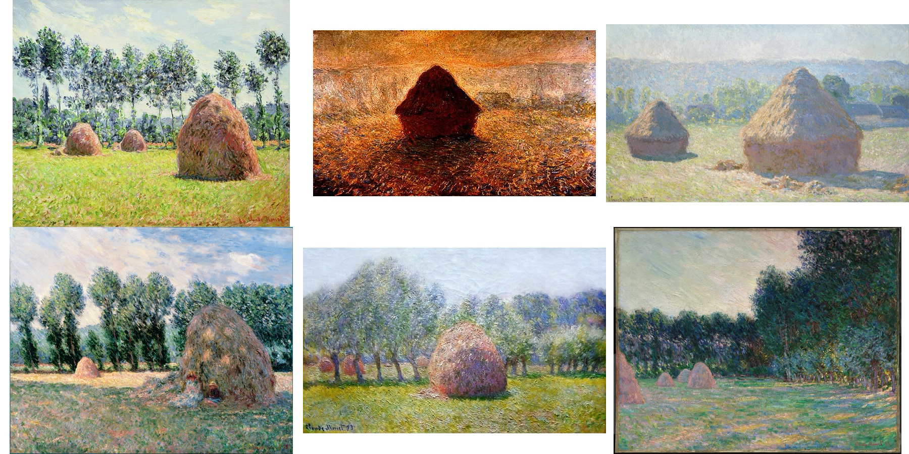 A mosaic of six paintings from Claude Monet’s celebrated Haystacks series (1884–1891). All images are in the public domain, courtesy of Wikimedia Commons.